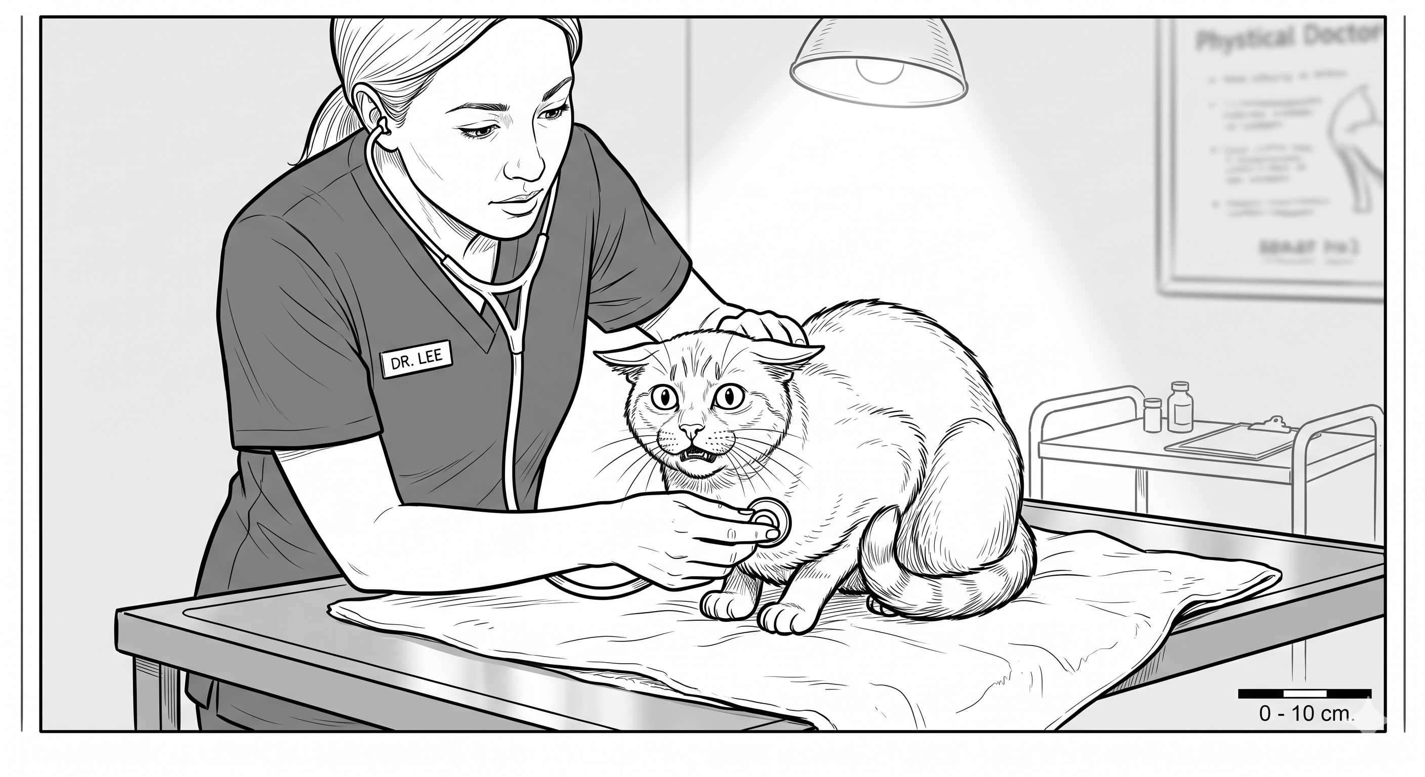 A black and white illustration of an unhappy cat being examined in a veterinary clinic. It is not clear to the viewer that the image is AI generated except for a faint logo in the bottom right